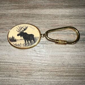 Elk Moose Keychain Barlow Brass Metal Ivory Key Ring Deer Bull Vintage Rare